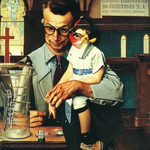 Image similar to male scientist holding a beaker next to a church altar with a child on it, painting by norman rockwell