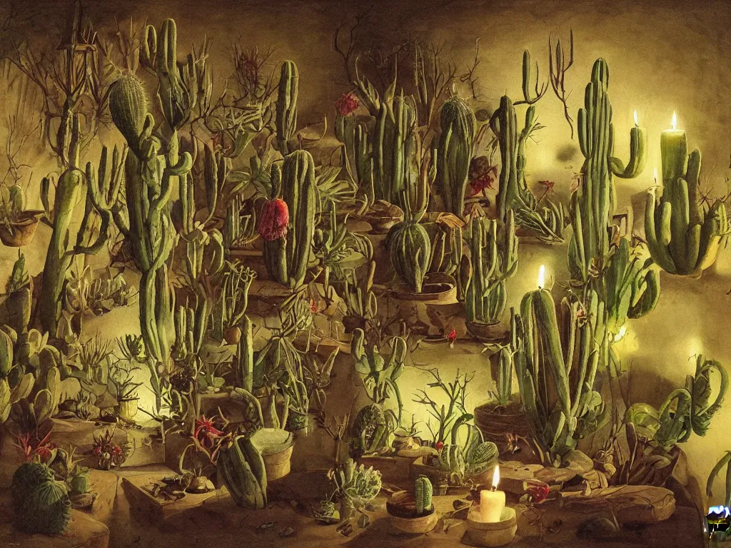 Image similar to Deserted old house full of strange surreal cacti, carnivorous plants, thorns. Candle light. Painting by Georges de la Tour, Walton Ford