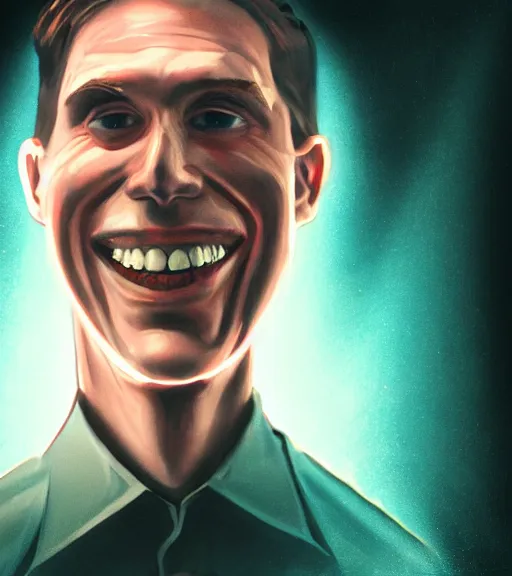 Image similar to profile picture of lovecraftian smiling jerma, surrounded by beams of light dark background by wayne barlow, stanley donwood, anton semenov, zdzislaw bekinski, hr giger, 8 k, fantasy, dark, highly detailed