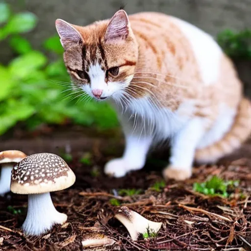 Prompt: a small domestic house cat with a mushroom growing atop its head