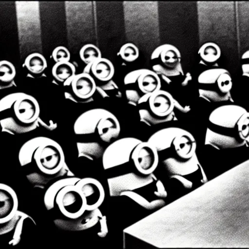 Image similar to The minions minions minions at the Nuremberg trials, monochrome, very low contrast, noise