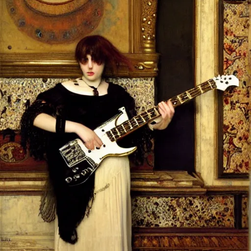 Image similar to Goth girl playing electric guitar by Mario Testino, oil painting by Lawrence Alma-Tadema, masterpiece