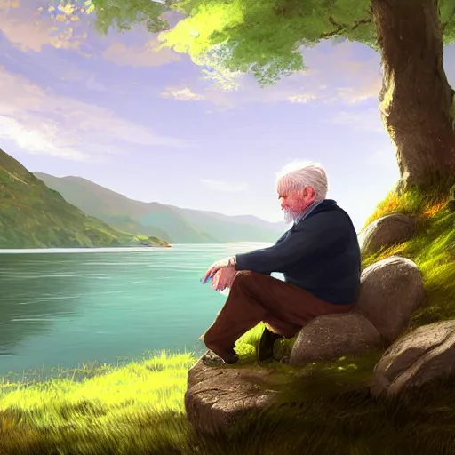 Prompt: portrait of an old irish man sitting on a stone in a grove in ireland next to a lake, highly detailed, digital painting, concept art, sharp focus, by makoto shinkai