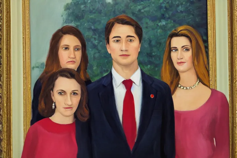 Image similar to official government portrait of a young, handsome prime minister and his two girlfriends, oil painting, 2 1 st century, official portrait, powerful, serious