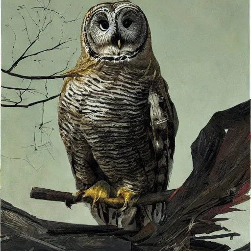 Image similar to shredded physique feathered round fat beak Portrait of Henry James camouflaged as Owl whilst wearing a yellow tuxedo Standing atop a Garbage Truck Greg Rutkowski Vik Muniz clarence holbrook carter Andrew Wyeth Dan Witz