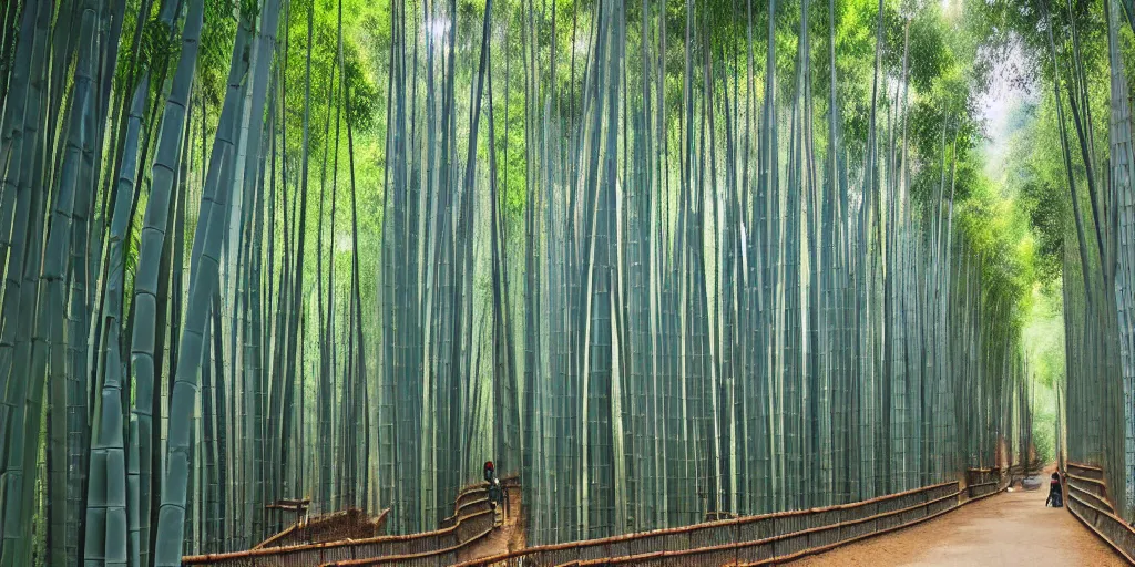 Prompt: Ancient city, Japanese architecture, city is surrounded by tall bamboo, in a bamboo forest, on a mountain, the weather is mist, red leaf trees and bamboo, ultra realistic, detailed, 4k
