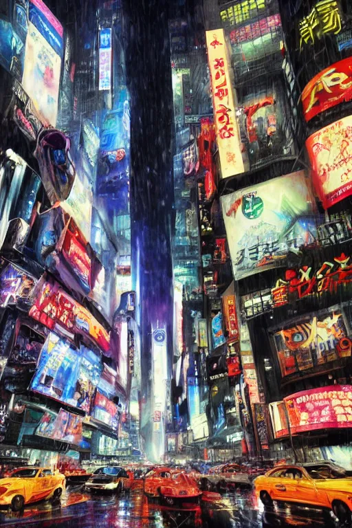 Prompt: neo tokyo time square in a rainy night, landscape, alex ross, neal Adams, david finch, concept art, matte painting, highly detailed, rule of thirds, dynamic lighting, cinematic, detailed, denoised, centerd