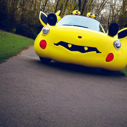 Prompt: a car in the shape of pikachu, photo
