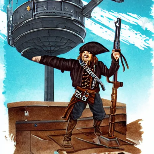 Image similar to a pirate holding a machine gun standing on top of a space ship