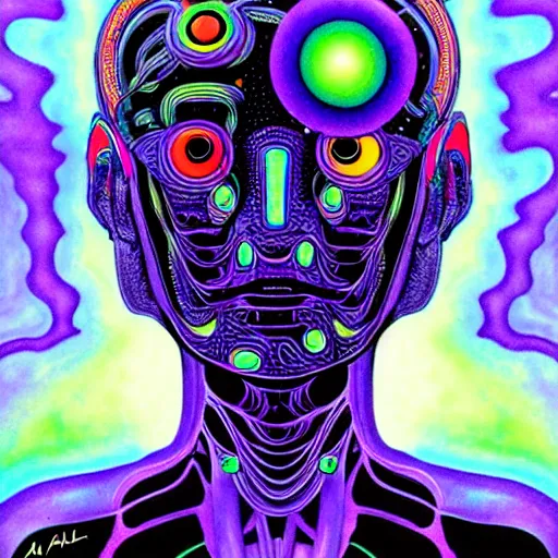 Image similar to psychedelic organic cyborg, art by albert aublet