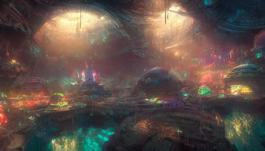 Prompt: Underwater city under a dome with neons by Craig Mullins, hyperdetailed, artstation, cgsociety, 8k