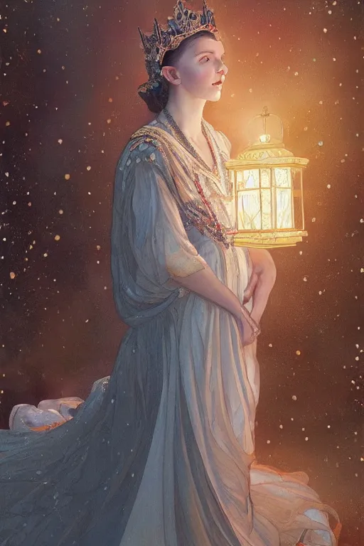 Prompt: a beautiful painting of a crowned princess in a flowing gown resembling millie bobby brown watching the lantern festival in ancient london, at night with a sky full of stars, intricate, elegant, highly detailed, digital painting, artstation, concept art, by krenz cushart and artem demura and alphonse mucha