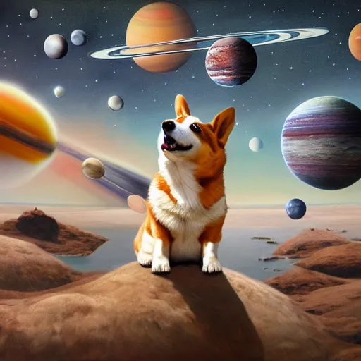 Image similar to all of the planets revolving around a giant Corgi, beautiful, oil on canvas, intricate, 8k highly professionally detailed, HDR, CGsociety