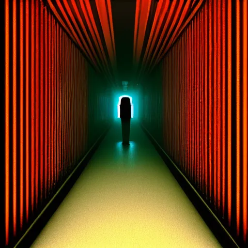 Image similar to photograph of an extremely dark narrow hallway with glowing humanoid monster made out of tv static, dark deep black shadows, red and black color contrast in the style of trevor henderson, liminal space, 3 d octane render, glitch effect