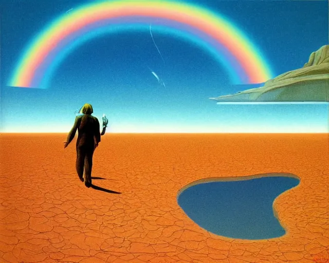 Prompt: roger dean 1 9 8 0 s art of a lone man walking in the dry desert of a strange bizarre alien planet surface lakes reflective clear blue water, rainbow in sky, imagery, illustration art, album art