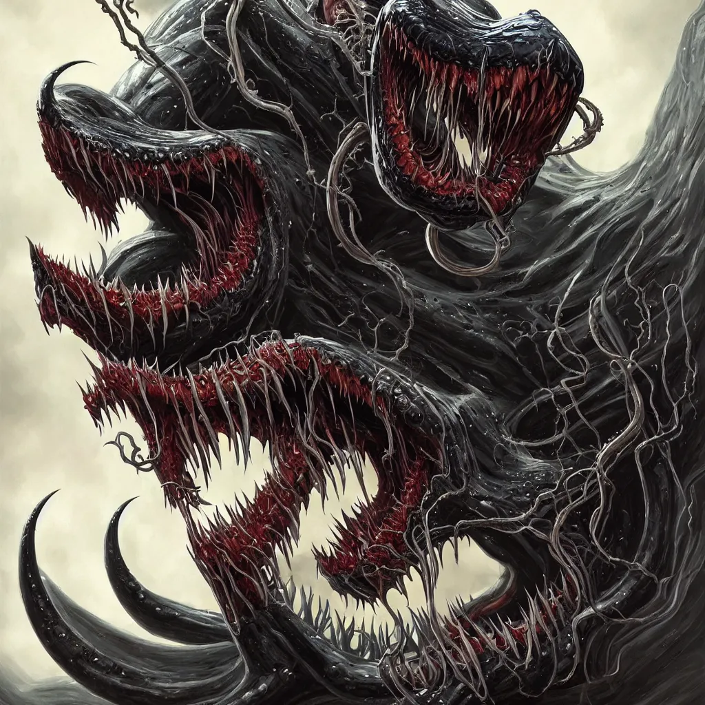 Image similar to venom from marvel comics!!!!, large mouth with teeth, lovecraftian horror!, surrealism, fantasy, intricate, elegant, highly detailed, digital painting, artstation, concept art, matte, sharp focus, illustration, art by keith thompson and christopher lane