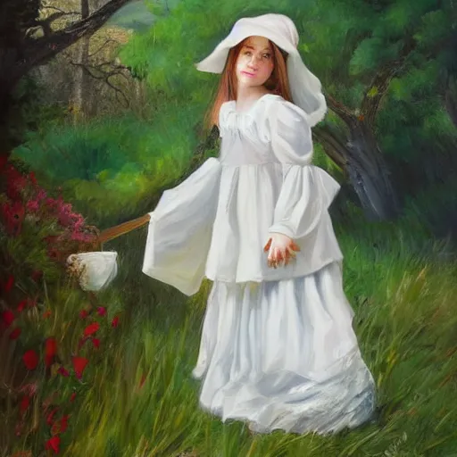 Image similar to portrait of girl dressed in white clothes countryside country style country house fantasy character portrait painting