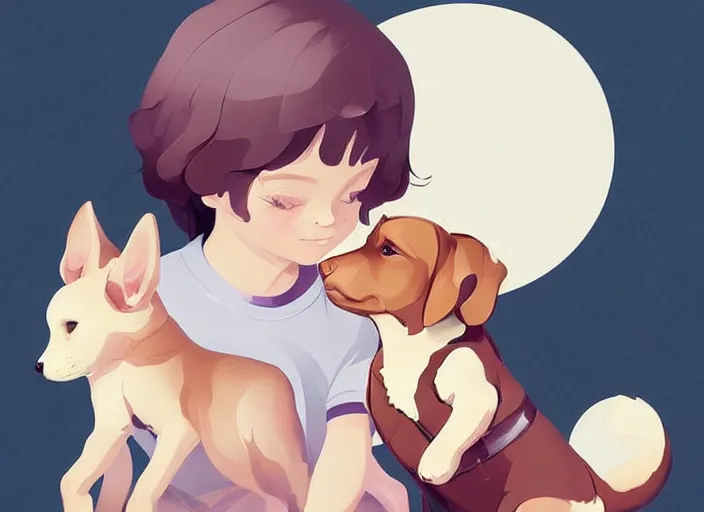 Image similar to a little girl with short wavy curly light brown hair is sitting next to a puppy. clean cel shaded vector art. shutterstock. behance hd by lois van baarle, artgerm, helen huang, by makoto shinkai and ilya kuvshinov, rossdraws, illustration, art by ilya kuvshinov