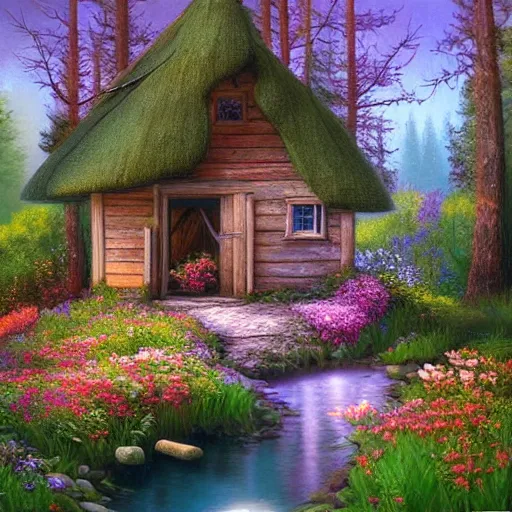 Prompt: hidden cottage in a forest inspired by Evgeny Lushpin,water well,pond,flowers,spring