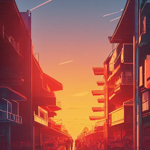 Prompt: the sun is setting over a beach town in japan, cyberpunk art by alena aenami, featured on deviantart, digital art, matte drawing, matte painting, speedpainting