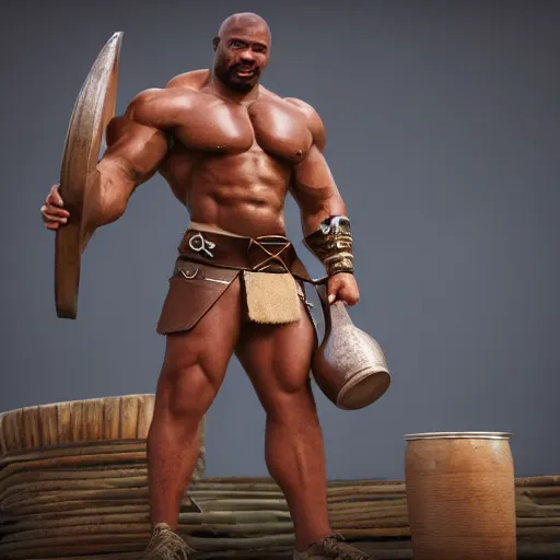 Prompt: a handsome bodybuilder viking girl with african american, clash royal style characters, unreal engine 5, octane render, detailed, cinematografic, cinema 4 d, artstation trending
