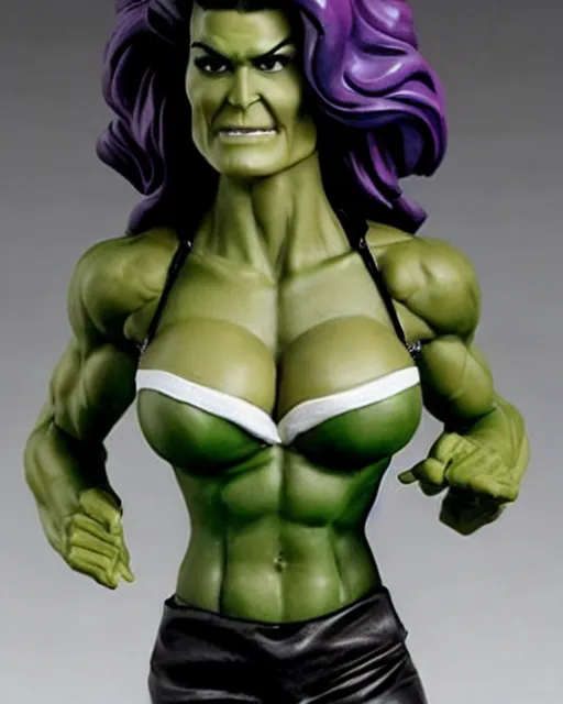 Image similar to cu of a maquette sculpture of angie harmon as the sensational she hulk, she is wearing a silk lace white top and a purple skirt, she is tall, very fit and extremely muscular, she has green skin all over her body, long black shiny hair, hyperreal, highly detailed, in the style of sideshow collectibles, the hulk, marvel, soft focus, bokeh