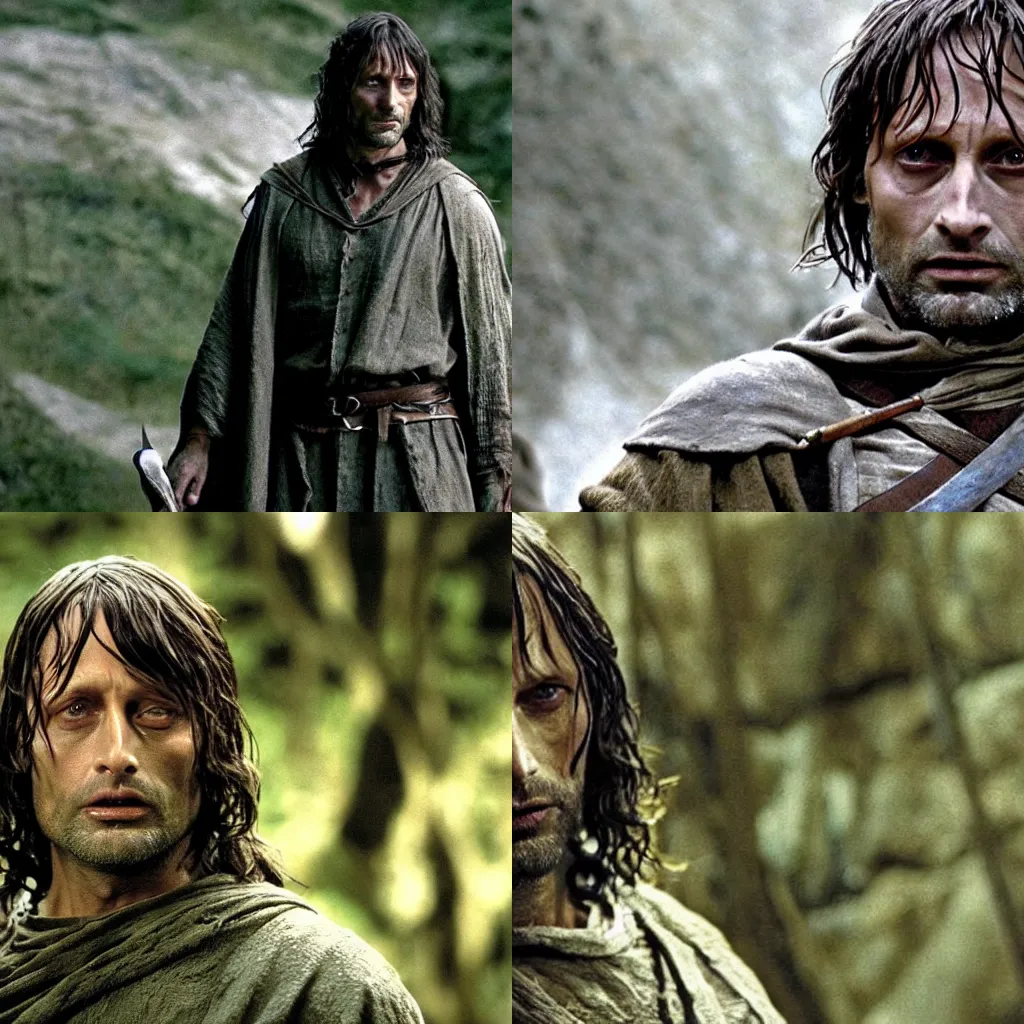 Prompt: mads mikkelsen as aragorn in lord of the rings