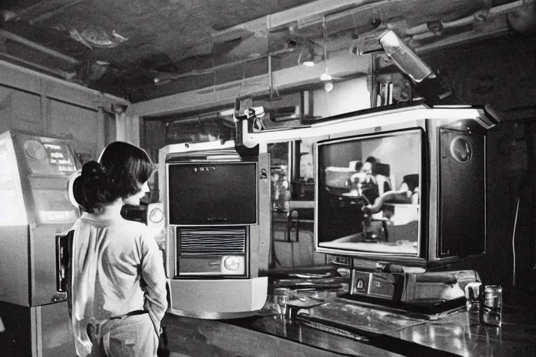 Image similar to robot staring at her reflection in a mirrored monolith, from 1977, in a tiki bar, volumetric lighting, surrounded by crt monitors, photograph, in the style of jack bridgeland