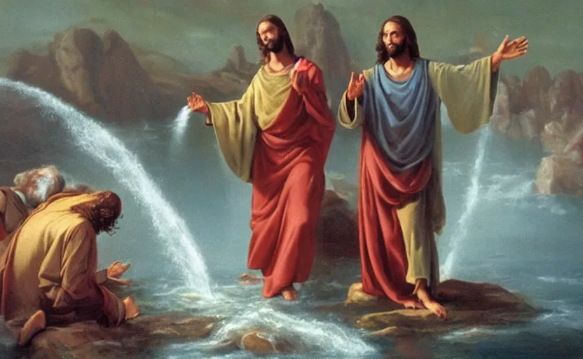 Prompt: photo of jesus christ performing miracles turning water into wine and walking on water in the year 2000