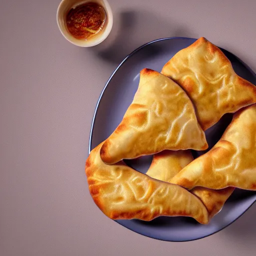 Image similar to concept art full isometric view of a plate with three delicious turnovers with glazing in the style of pixar and disney, octane render, cinema 4 d