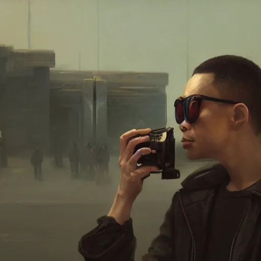 Prompt: wide shot of a bald young man with the same sunglasses as neo in matrix, and he's holding a cinema camera in a martian city, scifi, detailed realistic face, photorealistic oil painting, digital art, by charlie bowater, by jeremy lipking, by makoto shinkai, octane render