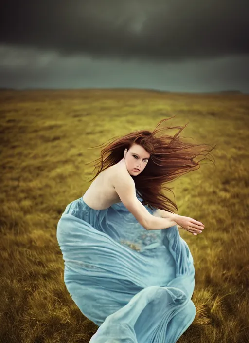 Prompt: cinestill 5 0 d portrait photo of a beautiful woman, nordic type, delicate, subsurface scattering, long hair floating in air in style of annie liebovitz, 1 5 0 mm, windy mood, dress in voile, mute dramatic colours, soft blur outdoor stormy background, volumetric lighting, hyper detailed, hyper realistic
