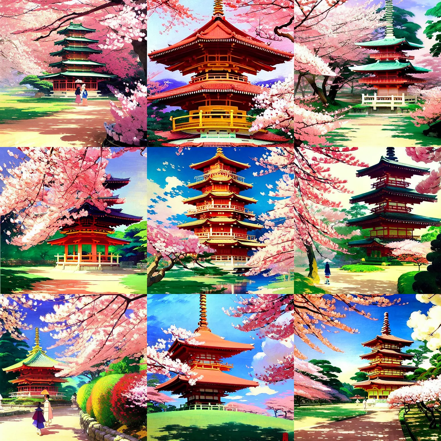 Prompt: a pagoda in a sakura forest, by studio ghibli painting, by joaquin sorolla rhads leyendecker, an aesthetically pleasing, dynamic, energetic, lively, overlaid with aizome patterns, by ohara koson and thomas kinkade, traditional japanese colors, superior quality, masterpiece