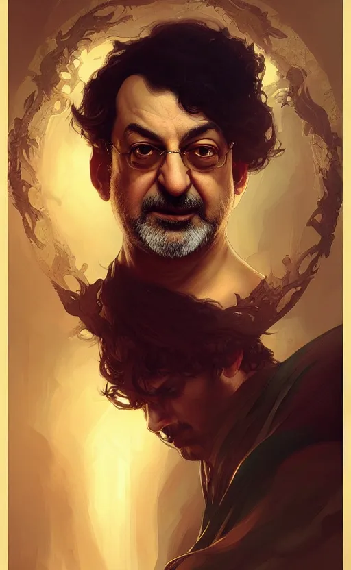 Image similar to portrait of salman rushdie, deep focus, d & d, fantasy, intricate, elegant, highly detailed, digital painting, artstation, concept art, matte, sharp focus, illustration, art by artgerm and greg rutkowski and alphonse mucha