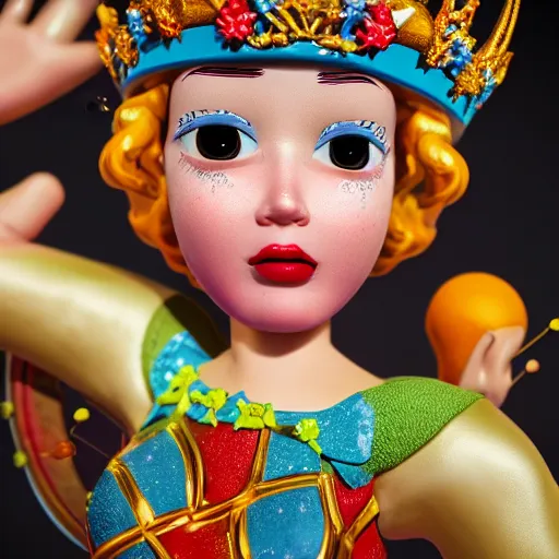 Image similar to closeup face profile portrait of a tin toy fairytale princess wearing a crown eating cakes, bikini, depth of field, zeiss lens, detailed, symmetrical, centered, fashion photoshoot by max fleischer, hyperrealistic, octane render