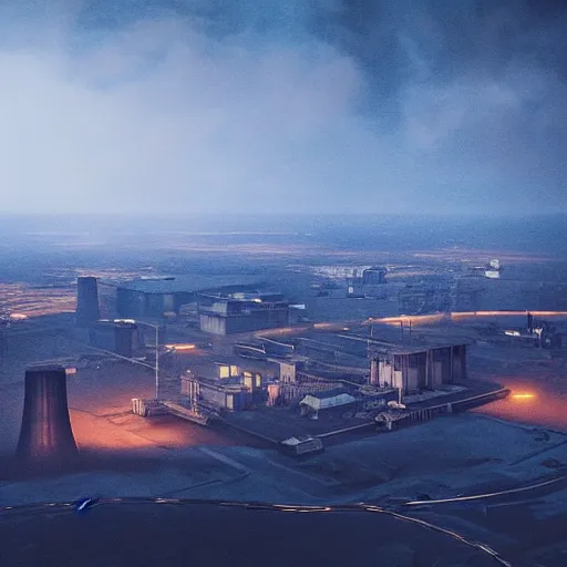 Image similar to an aerial view of an abandoned industrial terrain with giant nuclear plants and cooling towers, night time, shot from the blade runner 2049 movie, moody, dark, foggy