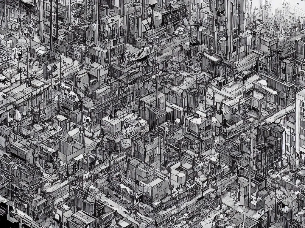 Prompt: industrial neighborhood in a cyberpunk city, in the style of james jean and laurie greasley, dynamic composition, dramatic lighting, hyper - realistic, ultra detailed