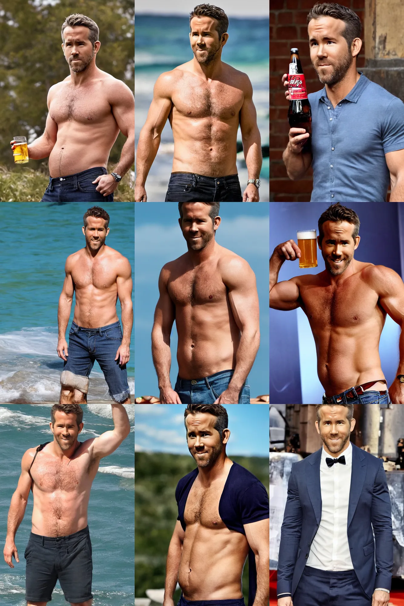 Prompt: ryan reynolds with a beer belly, masculine, 4 k hd