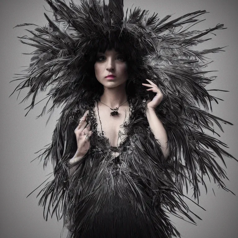 Prompt: hight focus of a wonderful realistic focused sweet wonderful symmetrical mid portrait of a lonely woman, her dress is like a realistic black raven plumes, image in center, dramatic light, octane render - 8 k