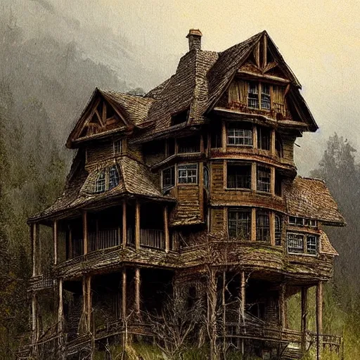 Prompt: “a haunted house on top of a mountain by James gurney, gloomy”