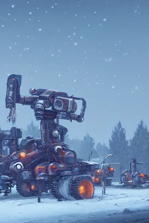 Image similar to mech being exhaisted from plowing snow from it's front yard, highly detailed, scifi, fantasy, highly detailed, digital painting, trending on artstation, concept art, sharp focus, illustration, global illumination, shaded, art by simon stalenhag