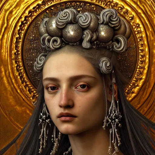 Prompt: baroque neoclassicist closeup renaissance portrait of beautiful moon goddess with stars in her hair, reflective detailed textures, glittering silver ornaments, dark fantasy science fiction painting by diego rivera and jean delville and ruan jia and nicholas roerich and annie swynnerton and sam spratt, dramatic lighting, cool color palette, artstation, octane render, unreal engine