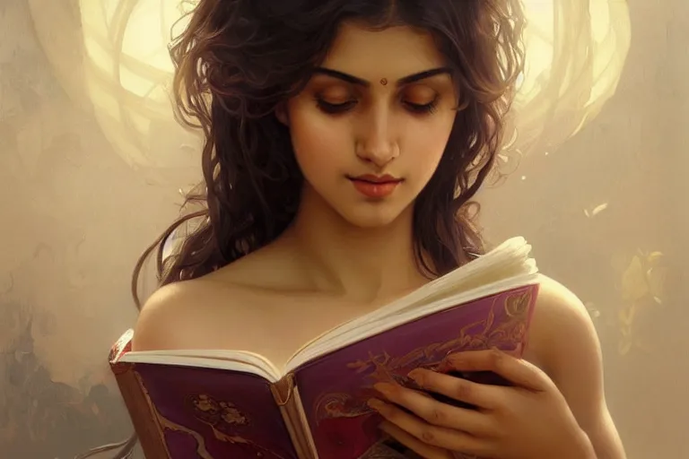 Image similar to sensual good looking pale young bengali girl with soulful eyes reading a novel, portrait, elegant, intricate, digital painting, artstation, concept art, smooth, sharp focus, illustration, art by artgerm and greg rutkowski and alphonse mucha