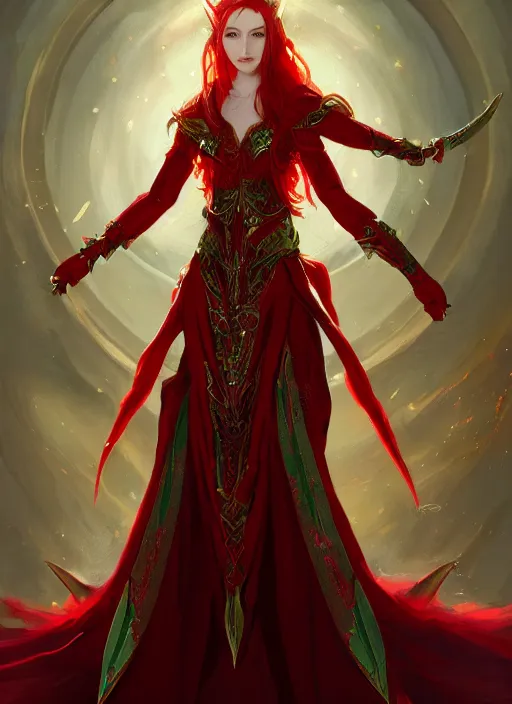 Image similar to Half-body portrait of a red-haired beautiful elven queen in red, gold and green dress sitting on a throne. In style of Hyung-tae Kim and Greg Rutkowski, concept art, trending on ArtStation, Korean MMORPG, over-detailed art, 4K, epic, dynamic lightning, dramatic pose.