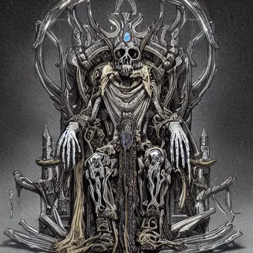 Prompt: A lich sitting on the throne made of bones, magical glow, intricate, sharp details, in the style of Kristian Wåhlin