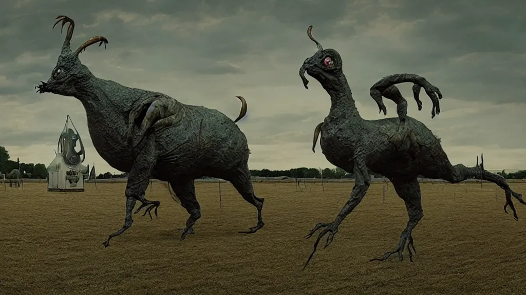 Image similar to the strange creature at the county fair that hid at night, made of metal, film still from the movie directed by Denis Villeneuve with art direction by Salvador Dalí, long lens