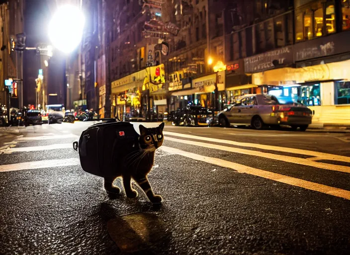 Image similar to photography of a Cat being carried in an half open backpack . in a new york street. award winning photo, led lighting, night, 130mm, sharp, high res