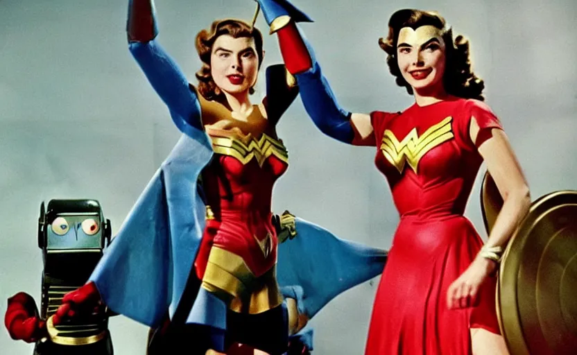 Prompt: ingrid bergman as wonder woman in a scene from the 1 9 4 8 film'wonder woman versus the robots '. colourful. 1 9 5 0 s. action. beautiful. powerful.