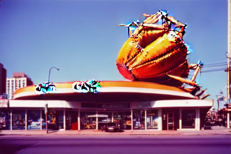 Image similar to 2 0 1 5 giant crab terrorizing a city, googie architecture, americana, fishcore, exterior photography, hd 8 k, photography cinestill