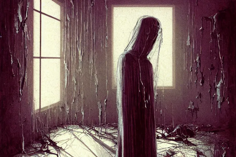 Image similar to vertical movie frame portrait of girl with head wrapped in gauze, inside childhood bedroom, ominous backrooms at distance seen through big broken shattered mirror, giger interior design, architectural design, vintage, liminal aesthetic, dreamcore, weirdcore, clean lines, wide angle, by wayne barlowe, tsutomu nihei, zdzislaw beksinski,